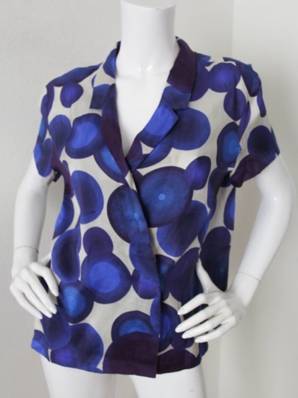 Dries van Noten Raw Silk Circle Print Short Sleeve Wrap Blouse 44